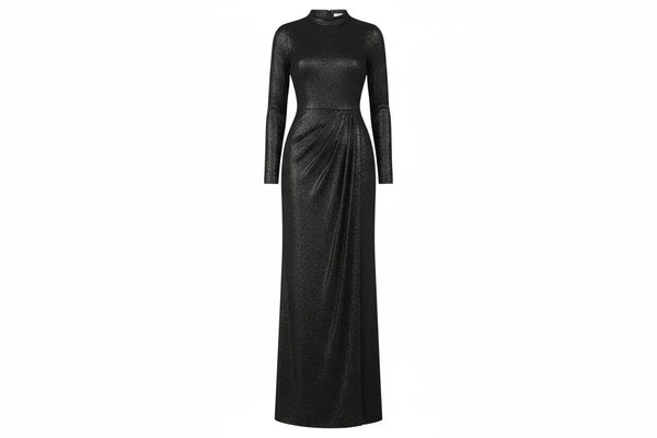 Black long sleeve shimmer maxi dress for women, high neck, fitted silhouette