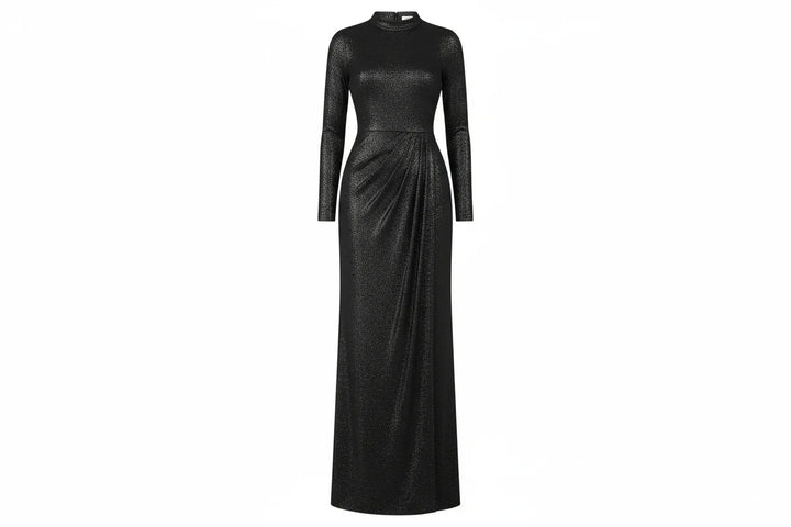Black long sleeve shimmer maxi dress for women, high neck, fitted silhouette