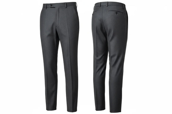 Men's Riviera smart pants in charcoal grey, front and back views, dress trousers