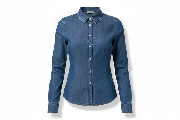 Women's fitted denim button-down top with long sleeves on white background