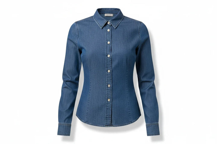 Women's fitted denim button-down top with long sleeves on white background