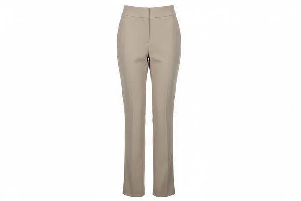 Beige women's crepe trousers, straight leg, front view on white background
