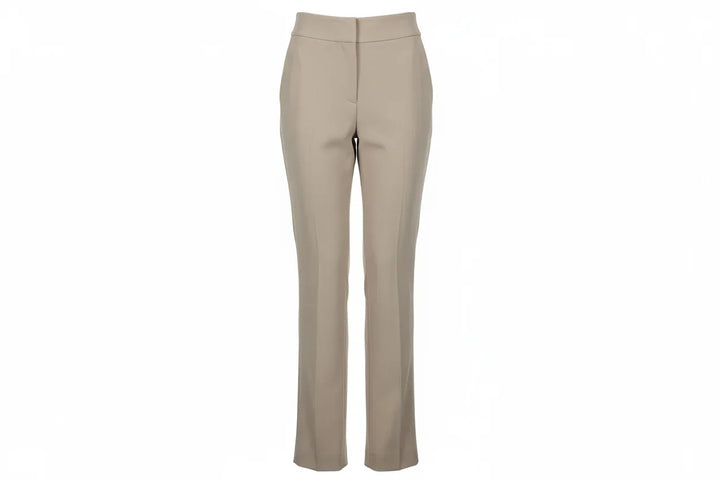 Beige women's crepe trousers, straight leg, front view on white background