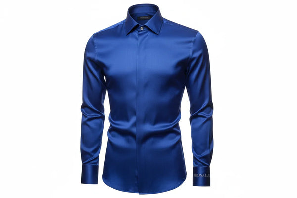 Men's royal blue satin dress shirt with a spread collar and long sleeves, Verona Luxe branding.